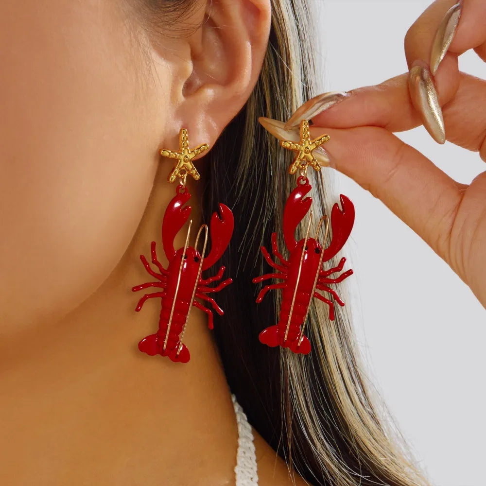 Creative Ocean Series Lobster Earrings Enameled Metal Exquisite Animal Earrings Ear Jewelry for Girls Ladies Oasis Select B