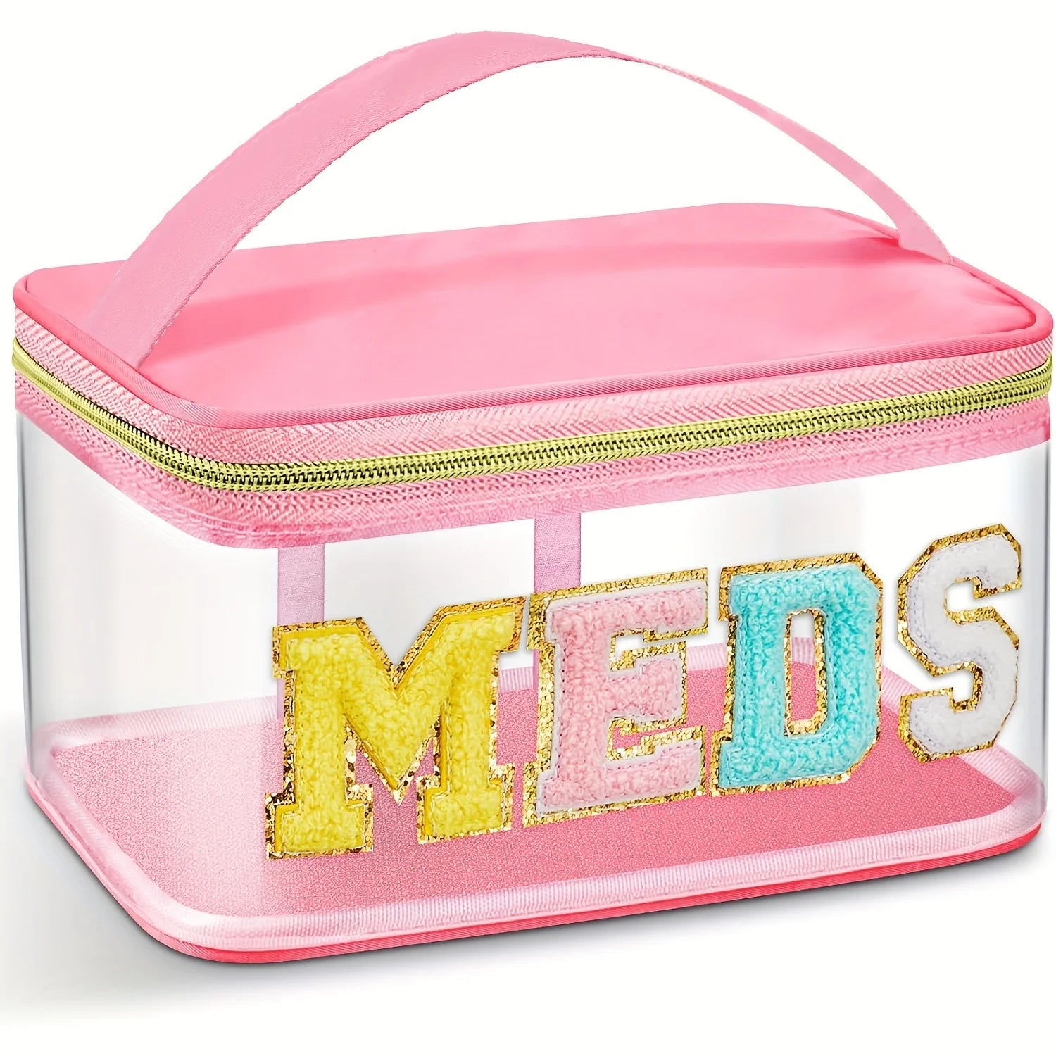 1PC Fashion letter patch cosmetic bag Clear handle nylon zipper travel medicine bag suitable for patients and nurses Oasis Select Pink