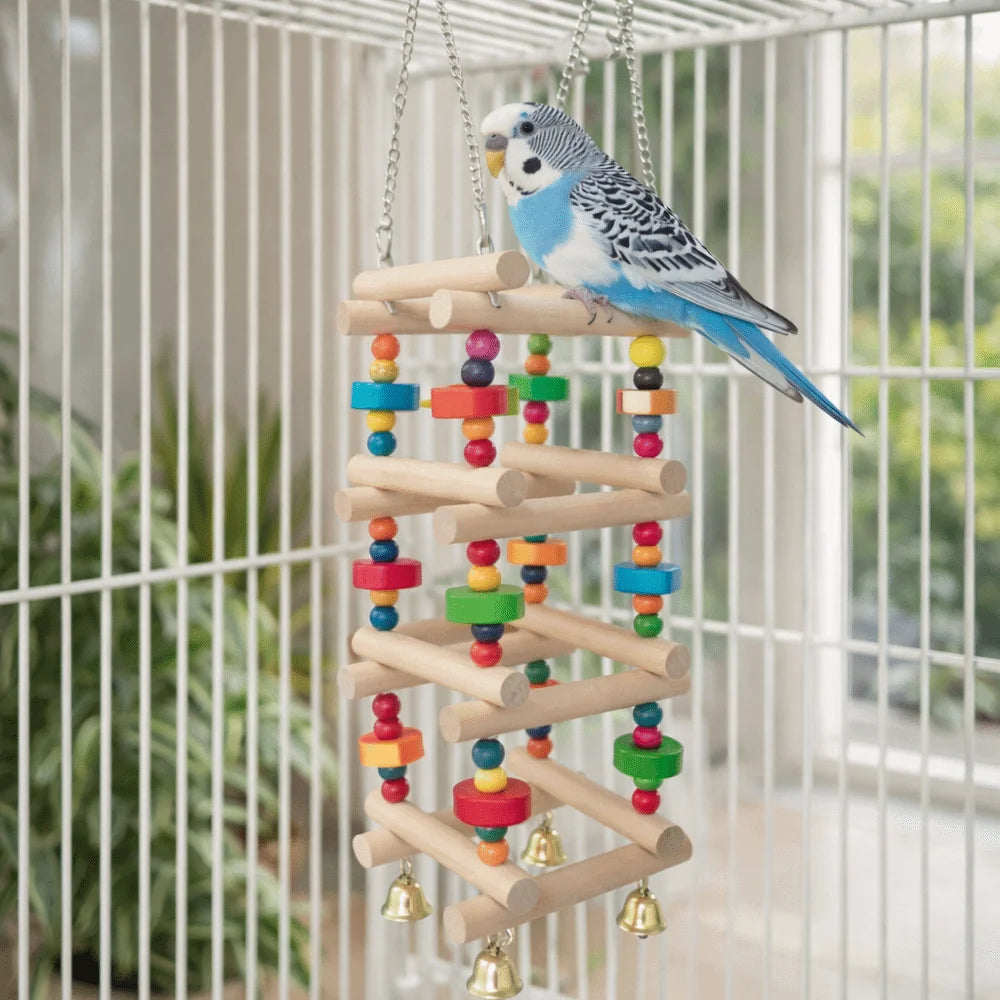 Colorful Wooden Parrot Climbing Ladder Toy with Bells | Bird Cage