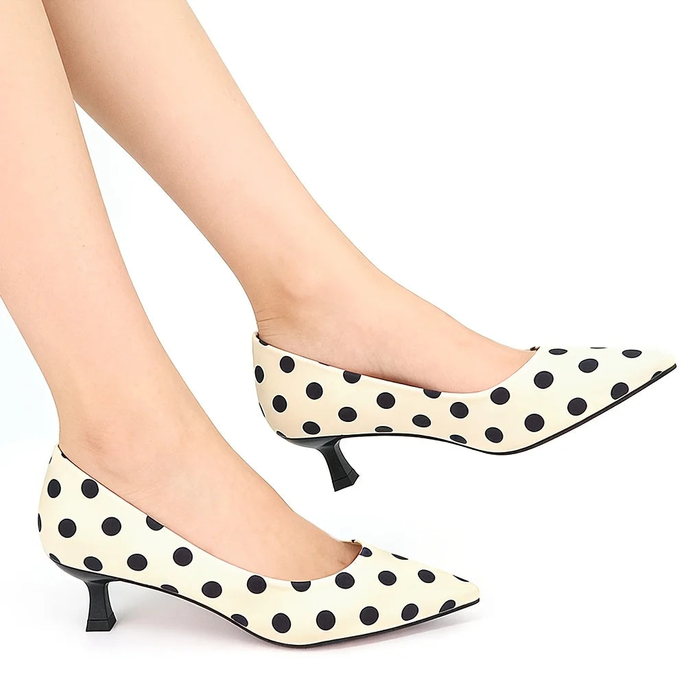 Black & White Polka Dot Heels – Classic Retro Pumps with Bold Pattern, White Faux Leather, Statement Heels for Party & Date Oasis Select