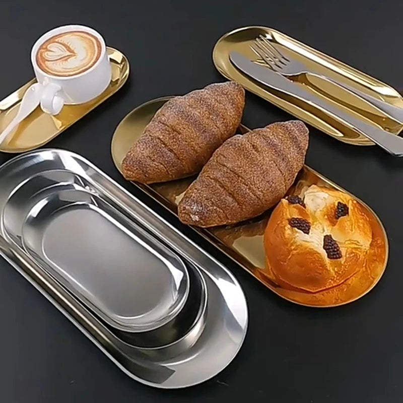 3pcs/set Gold Silver Stainless Steel Dessert Dining Plate Nut Cake Fruit Plate Towel Tray Snack Western Steak Kitchen Plate Oasis Select