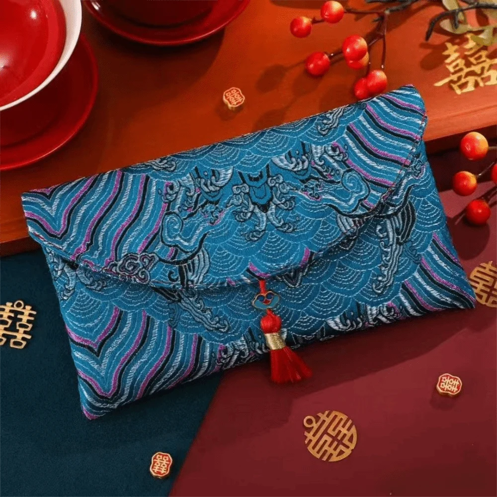 New Fabric Red Envelope Red Color Big Capacity Money Pocket Embroidery HongBao Spring Festival Oasis Select Blue 10-18cm