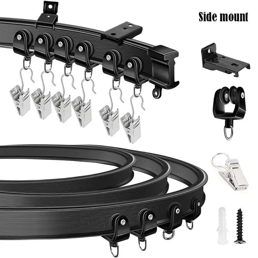 Durable 2/3 Meters Curtain Track Flexible Bendable U-shaped Curtain Slide Curtain Rail Ceiling Wall Mount Oasis Select 2m-Black-Side mount