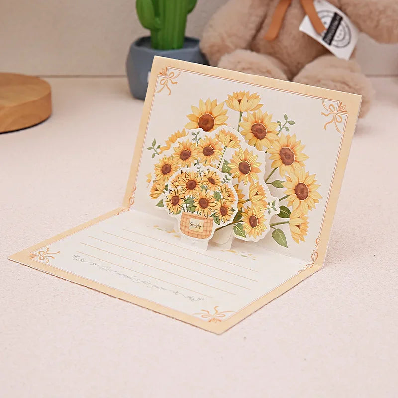 Pop-Up 3d Tulips Roses Sunflowers Bouquet Greeting Card Postcard Mother'S Day Blessings Creative Card Gift For Mother Oasis Select Yellow Sunflower
