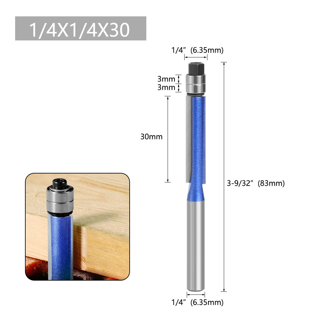 Sparkling Silver-Blue Double Bearing Flush Trim Router Bit 1/4" Shank Dual Cutting Blades for Woodwork Tool Electric Accessories Oasis Select 1PC-01