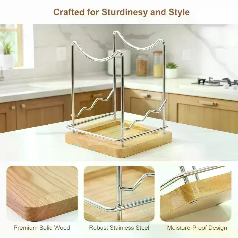 Stainless Steel Pot Lid Organizer with Wooden Drip Tray