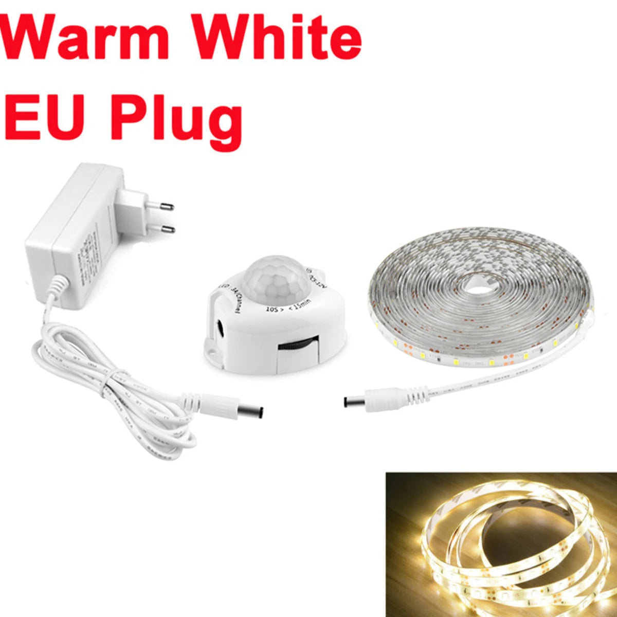 12V Bathroom Mirror Light PIR Motion Sensor LED Strip Light 2835 60led/M Waterproof Smart Night Lamp for Bedroom Bathroom Stair Oasis Select Warm EU Power Plug 3m
