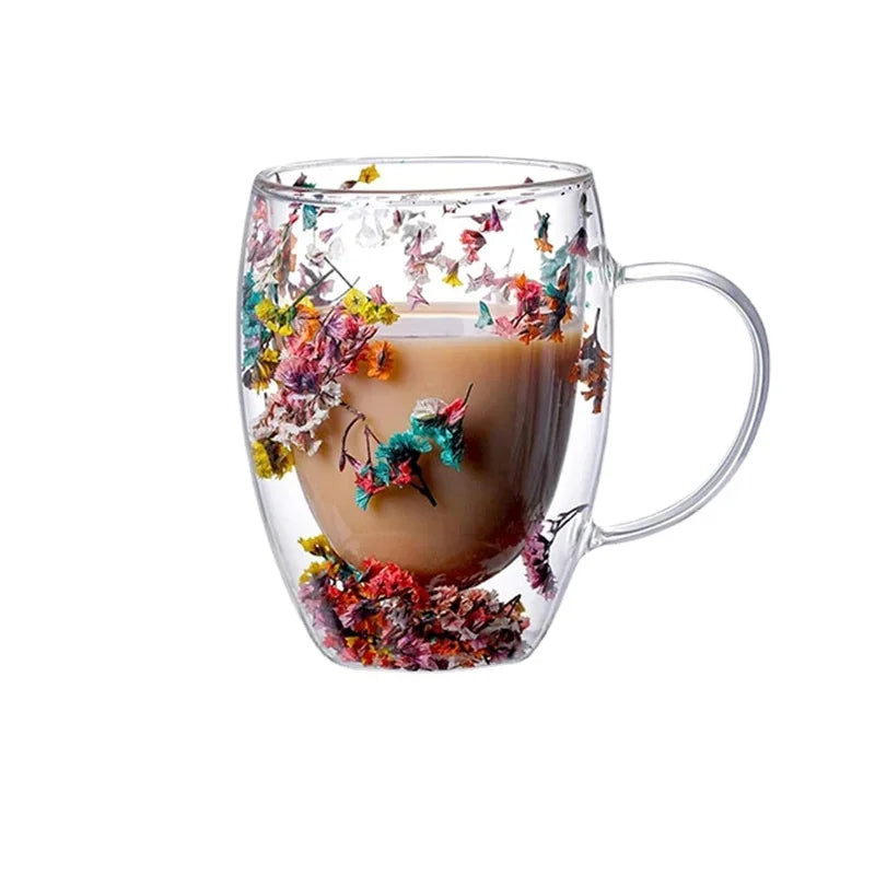 Fillings Dry Flowers Double Wall Glass Cup With Handle Heat Resistant Tea Coffee Cups Espresso Milk Mug Creative Gift Oasis Select