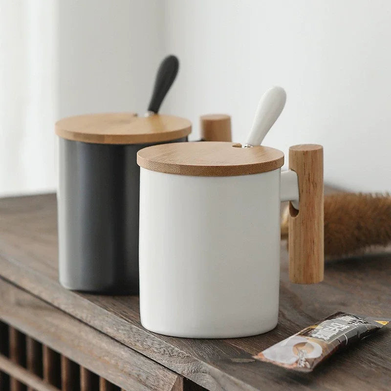 Creative 310ml Ceramic Coffee Mug with Wooden Handle & Lid Milk Cup Couple's Mug Office Kitchen Water Cup Drinkware Gift Box Set Oasis Select