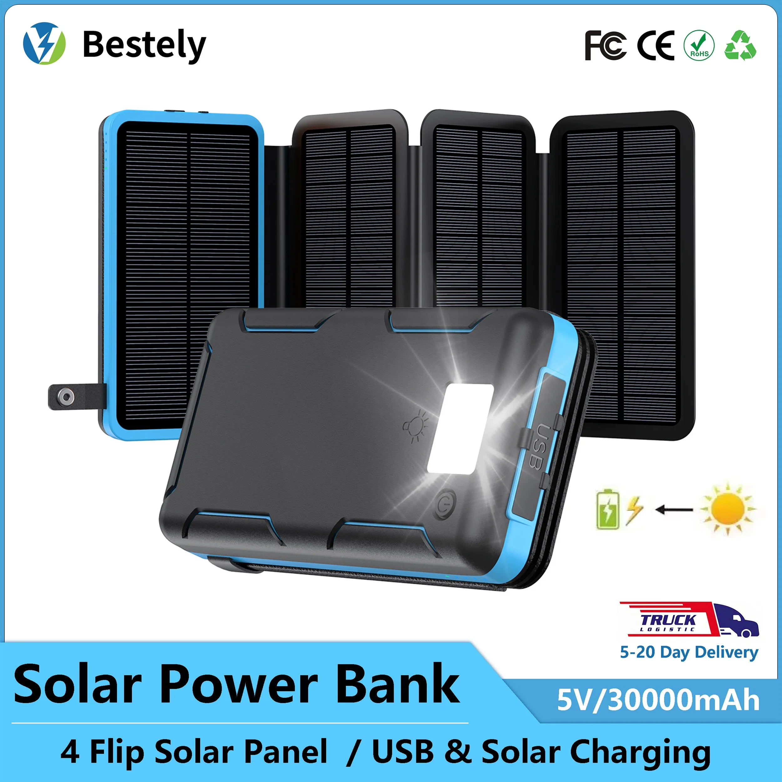 30000mAh Solar Power Bank Flip Panel Large Capacity IOS/Android USB Fast Charge Dual Charging Solar/Type-C Portable for Camping Oasis Select