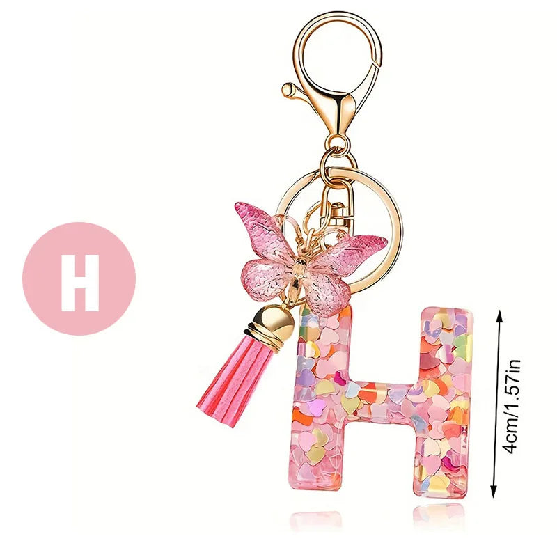 1pc Pink Glitter Letter Keychain with Heart Butterfly Tassel Crystal Resin Charm Fashion Accessory Gift for Women & Girls Oasis Select H