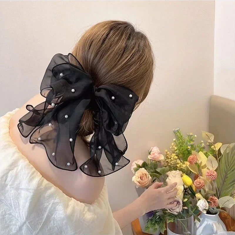 Fashion Ribbon Pearl Bow Hair Clips For Women Elegant Chiffon Bowknot Ponytail Clip Pin Bows Barrette Sweet Headwear Accessories Oasis Select