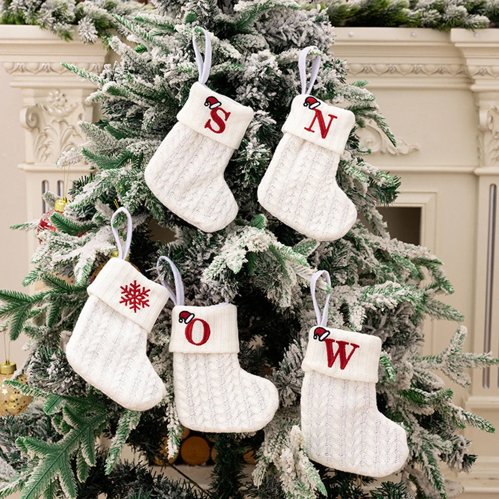 With Hanging Rope Christmas Stocking Children Candy Bag Beautiful Knitted Pendant White Snowflake Alphabet Christmas Tree Oasis Select