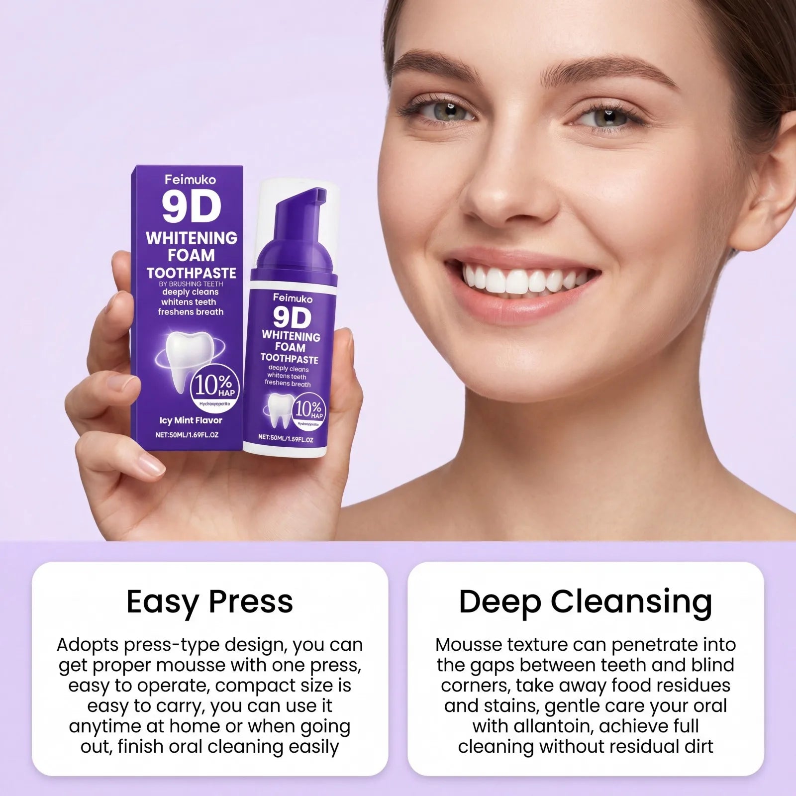 2026 New 9D Whitening Foam Toothpaste 10% Hydroxyapatite Deep Cleaning Fresh Breath Brighten Teeth tain Removal Oral Care 50ml Oasis Select