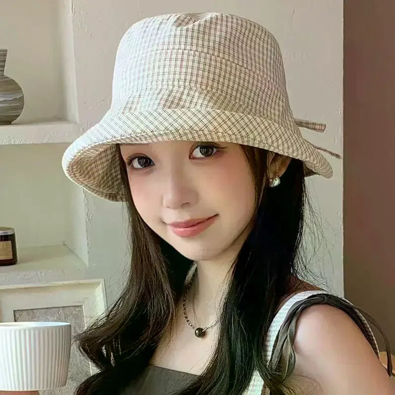 Womens Plaid Fisherman Cap Summer Rolled Edge Bow Bucket Hat Breathable UV Shield Sun Cap for Beach Holiday Travel Oasis Select