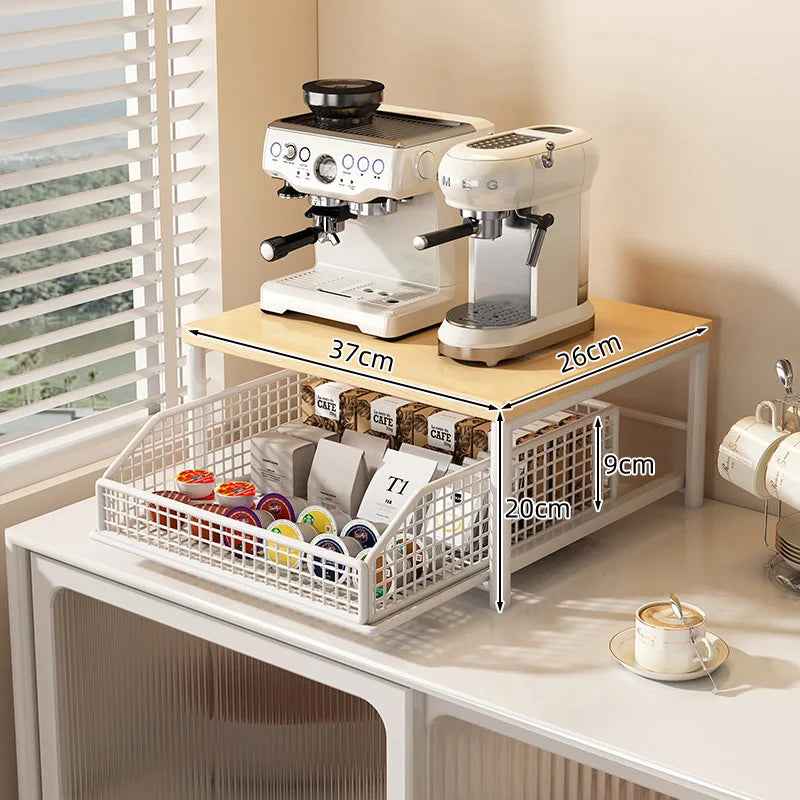 Metal and Wood Microwave Rack with Pull Out Drawer Multi Layer Countertop Kitchen Organizer for Coffee Maker Utensils and Tea Oasis Select WHITE