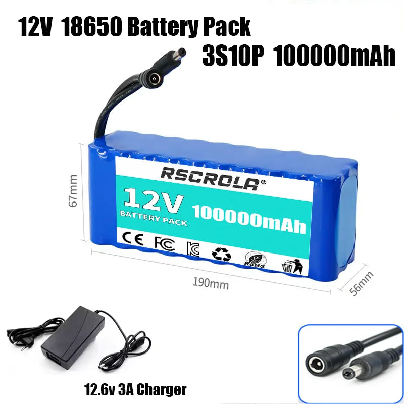 Rechargeable 12V 18650 Lithium Battery Pack with BMS, for Solar, LED Light, RC Model, Power Supply, Long Cycle Life with Charger Oasis Select 3s10p 100Ah