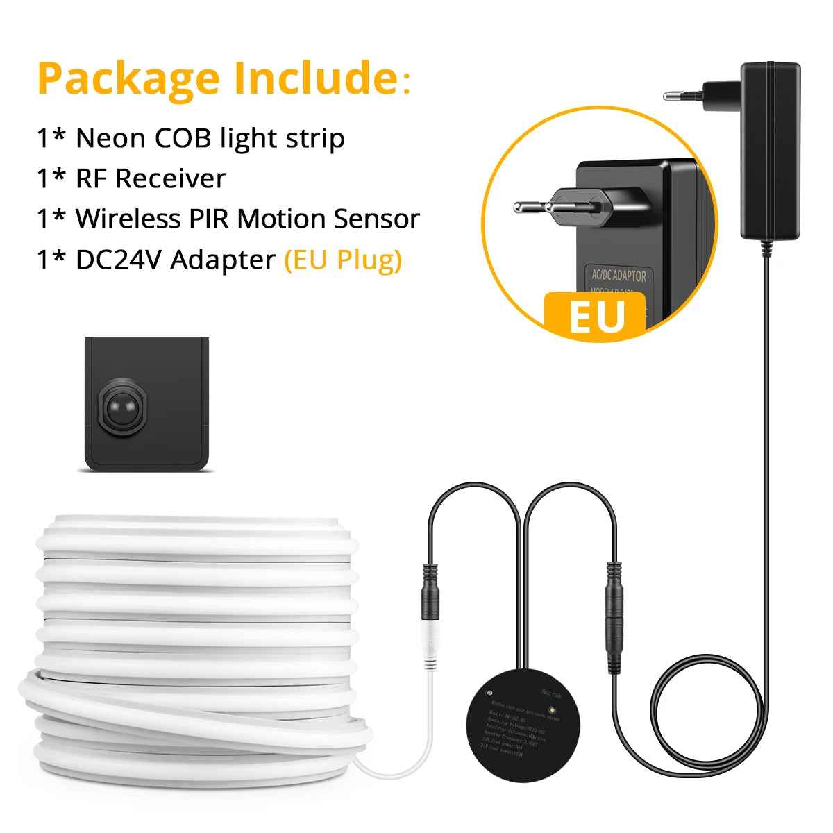 24V COB Neon LED Strip Smart Night Lamp Portable PIR Motion Sensor Switch with Silicone Tape for Bed Stair Corridor Lighting Oasis Select 1Pcs Sensor-EU Plug WHITE 5m