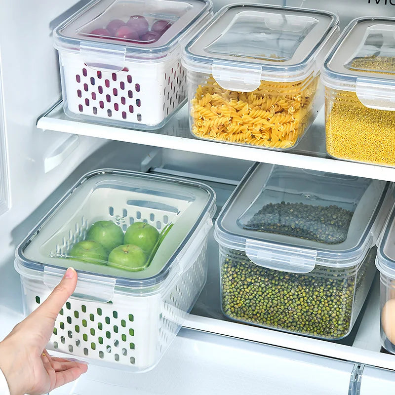 3Pcs/set Refrigerator Storage Containers, Airtight Produce Saver, Large Capacity Drain Basket, Dishwasher Safe Fresh Food Box Oasis Select