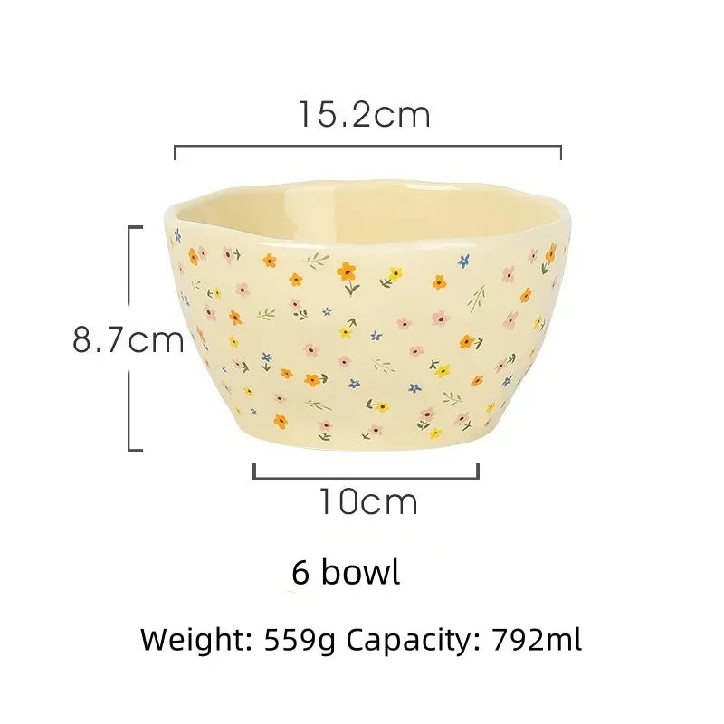 Korean Ceramic Bowl Dish with Fresh Flower Design INS Style High Appearance Level Home Domestic Rice Dish Fruit Salad Bowl Oasis Select 6inch