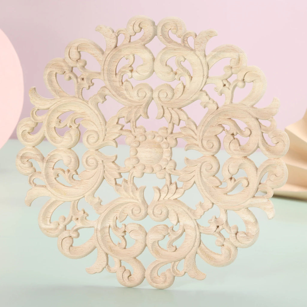 1 pc unpainted round flower carved natural wood decal retro furniture decorative accessories for door cabinets cupboards Oasis Select 12cm