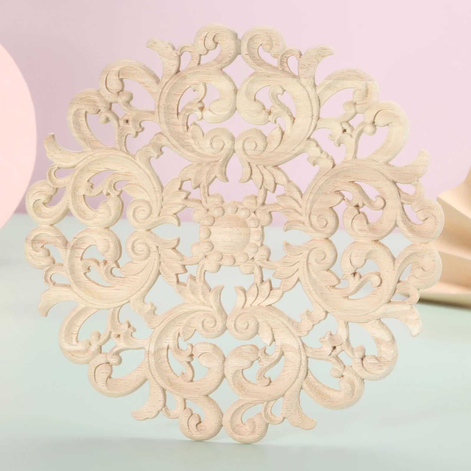 1 pc unpainted round flower carved natural wood decal retro furniture decorative accessories for door cabinets cupboards Oasis Select 12cm
