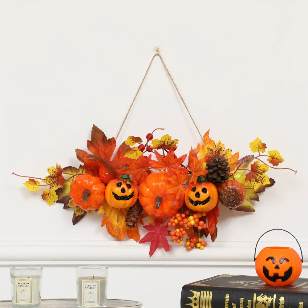 Halloween Maple Leaf Door Decor Autumn Pumpkin Maple Leaf Decor Halloween Front Door Wreath Pendant Decoration for Room Oasis Select