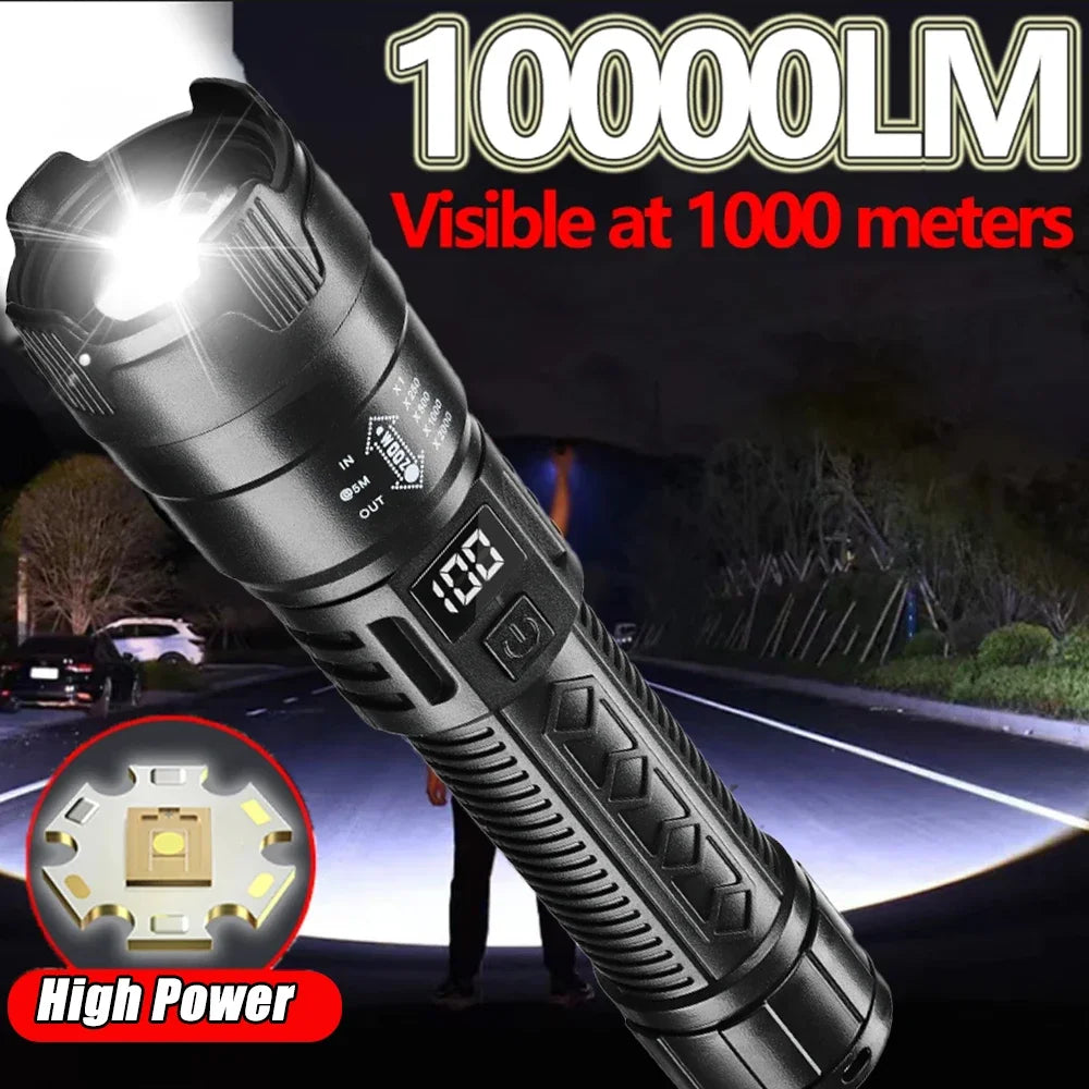 High Strong Power Led Flashlights 2000LM Tactical Torch with Display Light USB Charging Camping Fishing Emergency Zoom Lantern Oasis Select