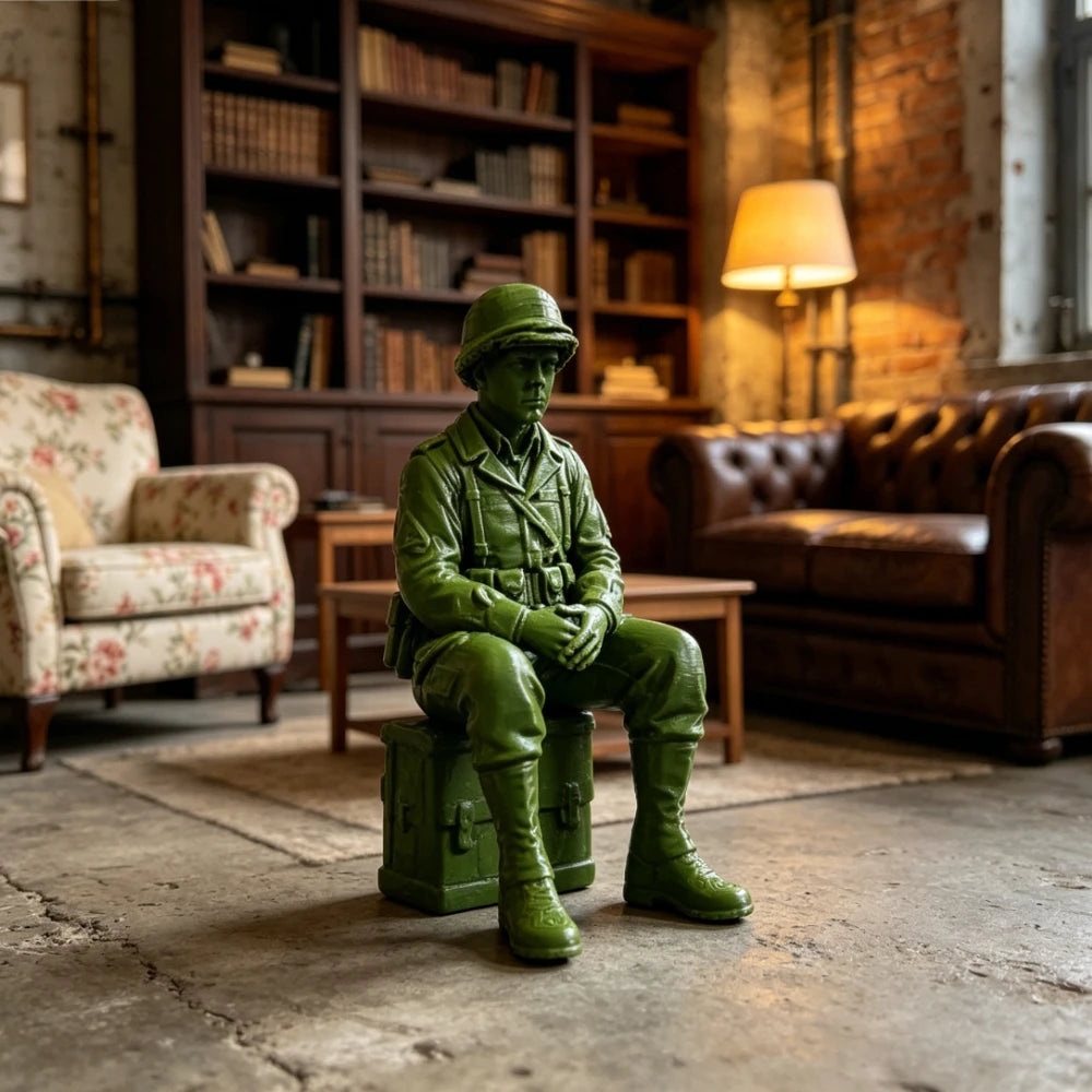 Retro Army Man Sitting Posture Figurine Shelf Decor Helmet Soldier Ornament Military Fan Gifts Minimalist Home Office Desk Decor Oasis Select