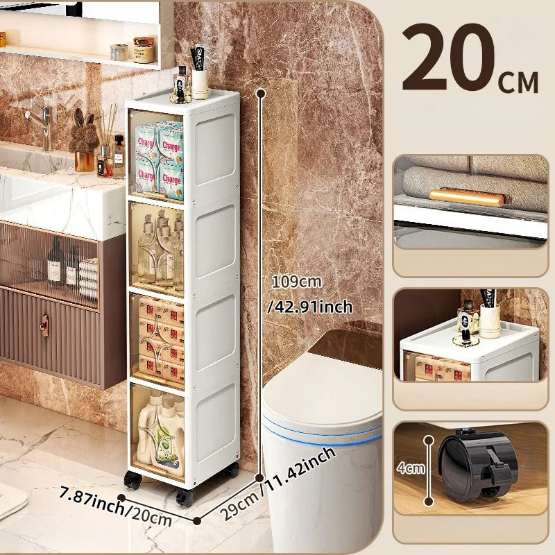 Heavy-Duty Space-Saving Flip Slim Cabinet 3-5 Tiers 20cm Wide Rolling for Kitchen Bedroom Bathroom Living Room 2 Colors Option Oasis Select 4 Layers-tawny