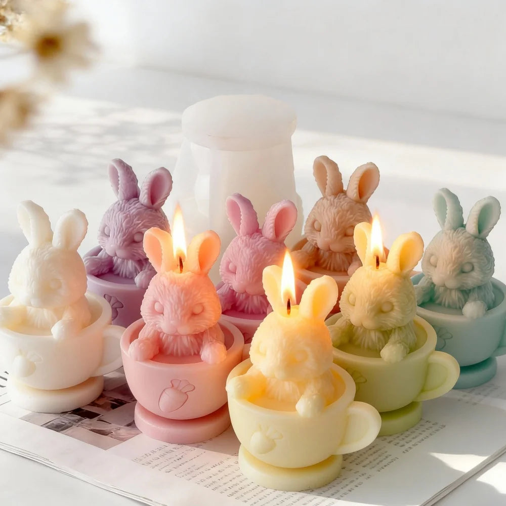 3D Tea Cup Rabbit Candle Silicone Mold DIY Bunny Plaster Mould Soap Resin Crafts Mold Ornament Easter Decoration Home Gift Oasis Select