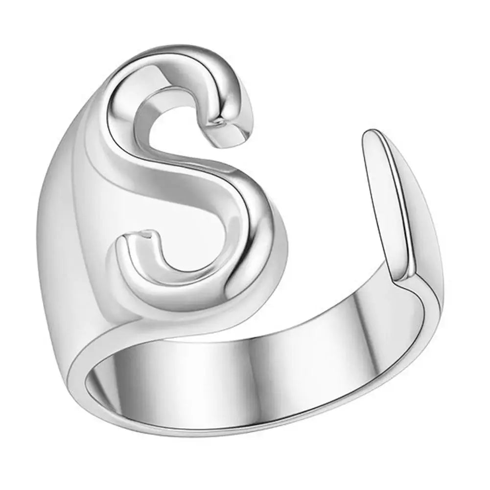 A-Z Initial Letter Ring – Adjustable Silver Open Ring for Women
