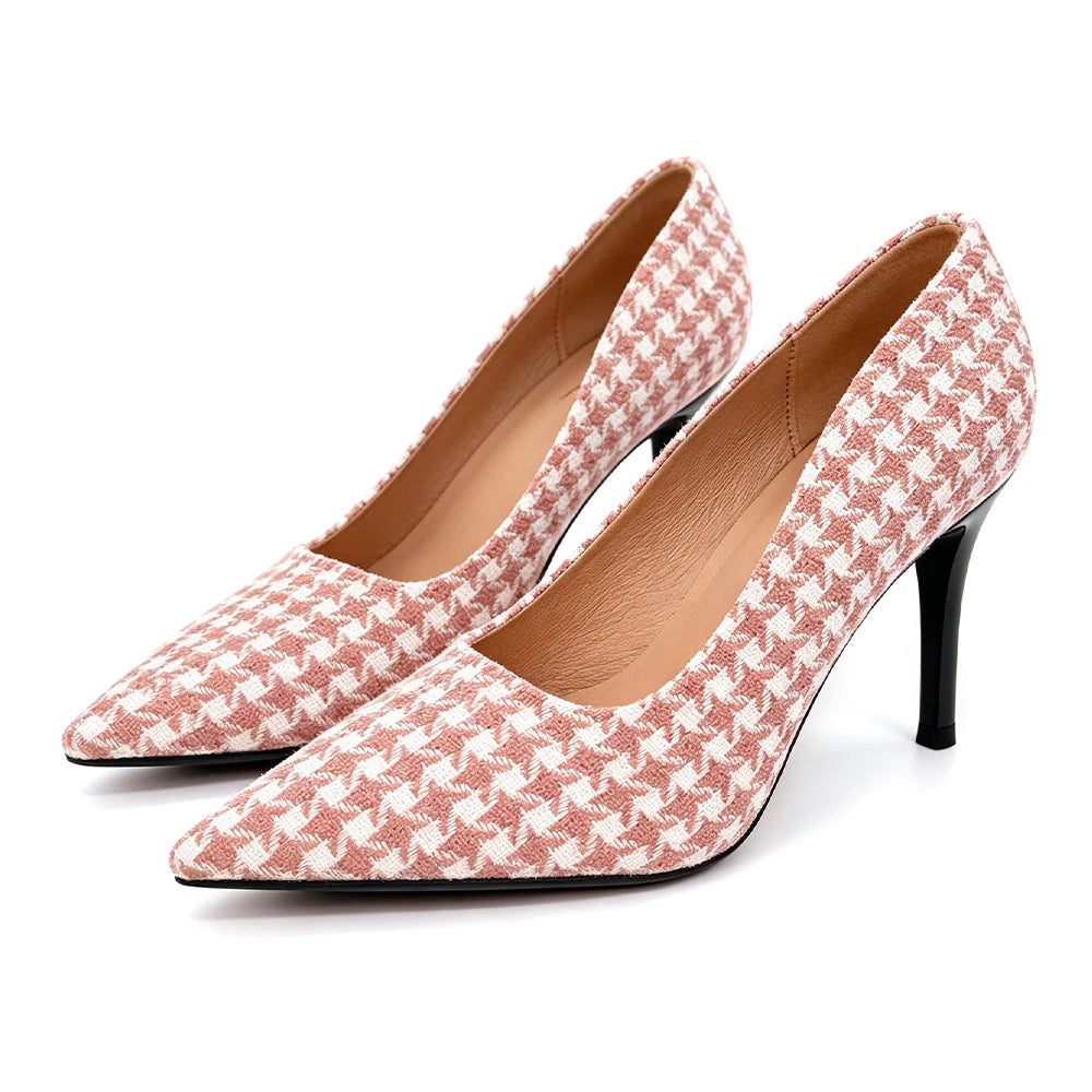 Women Pink Houndstooth Heels 9cm Vintage Plaid Pumps Office Party Shoes Comfortable Non Slip Coquette Ladies Daily Wear Fashion Oasis Select