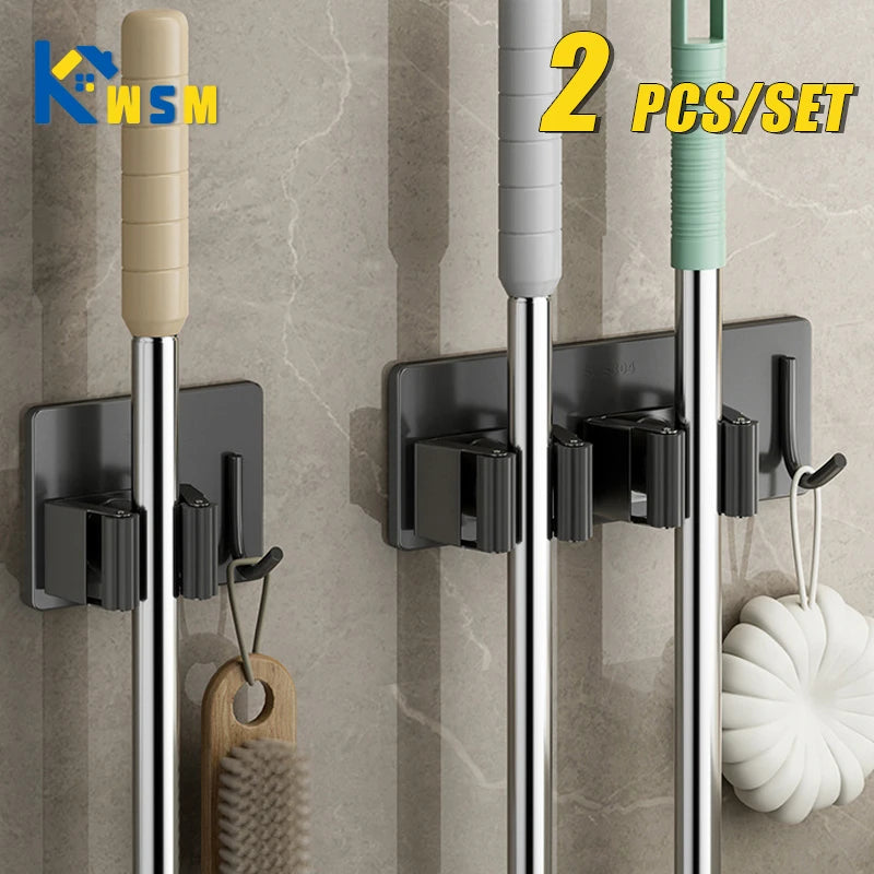 1-3PCS Stainless Steel Household Storage Rack Bathroom Nail-free Hook Wall-mounted Mop Storage Rack Waterproof Broom Rack Oasis Select