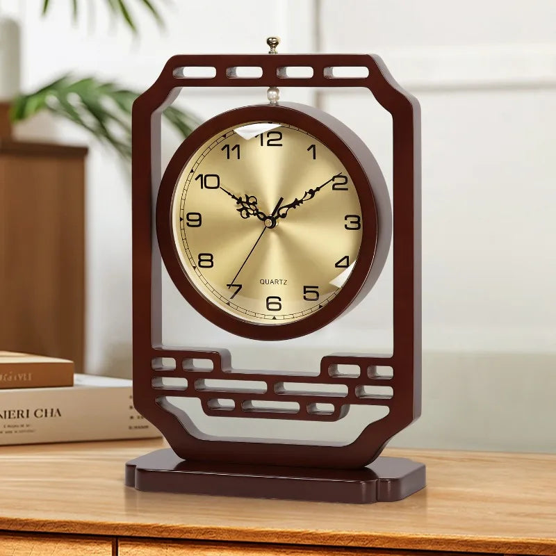 New Chinese Style Table Clock Living Room Household Silent Display Office Bar Counter Solid Wood Desktop Decoration Oasis Select