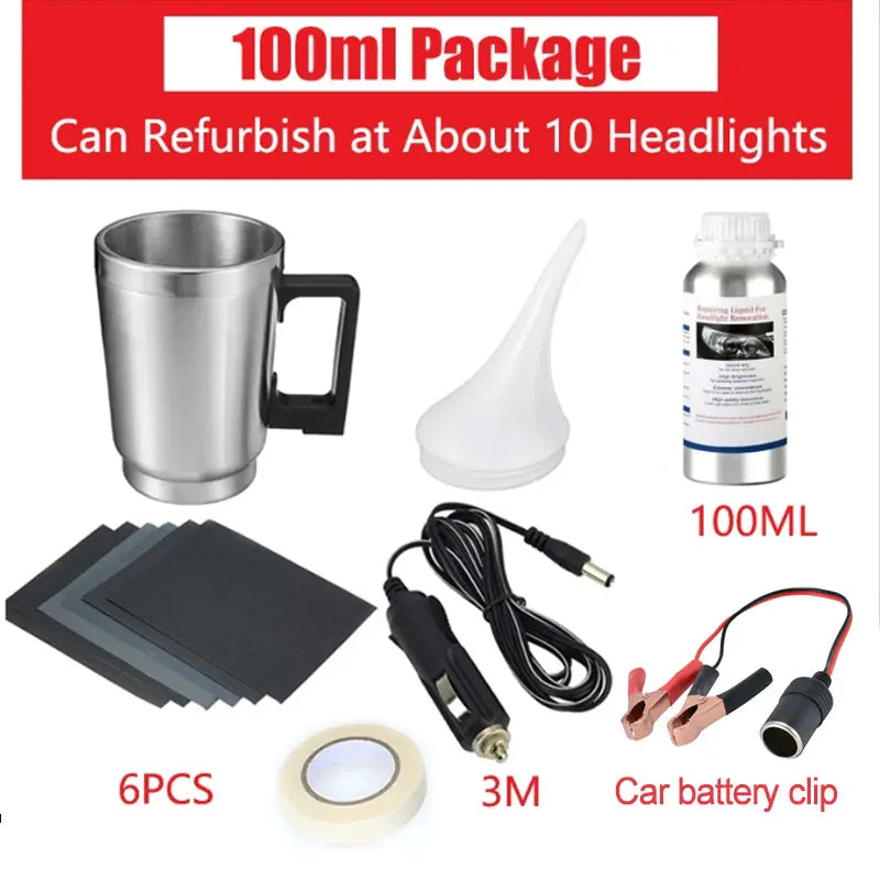 Car headlight repair tool Polishing Renovation Kit Repair Fluid Liquid Polymer Restoration Headlamp With Car battery clip Set Oasis Select 100ml 12V kit