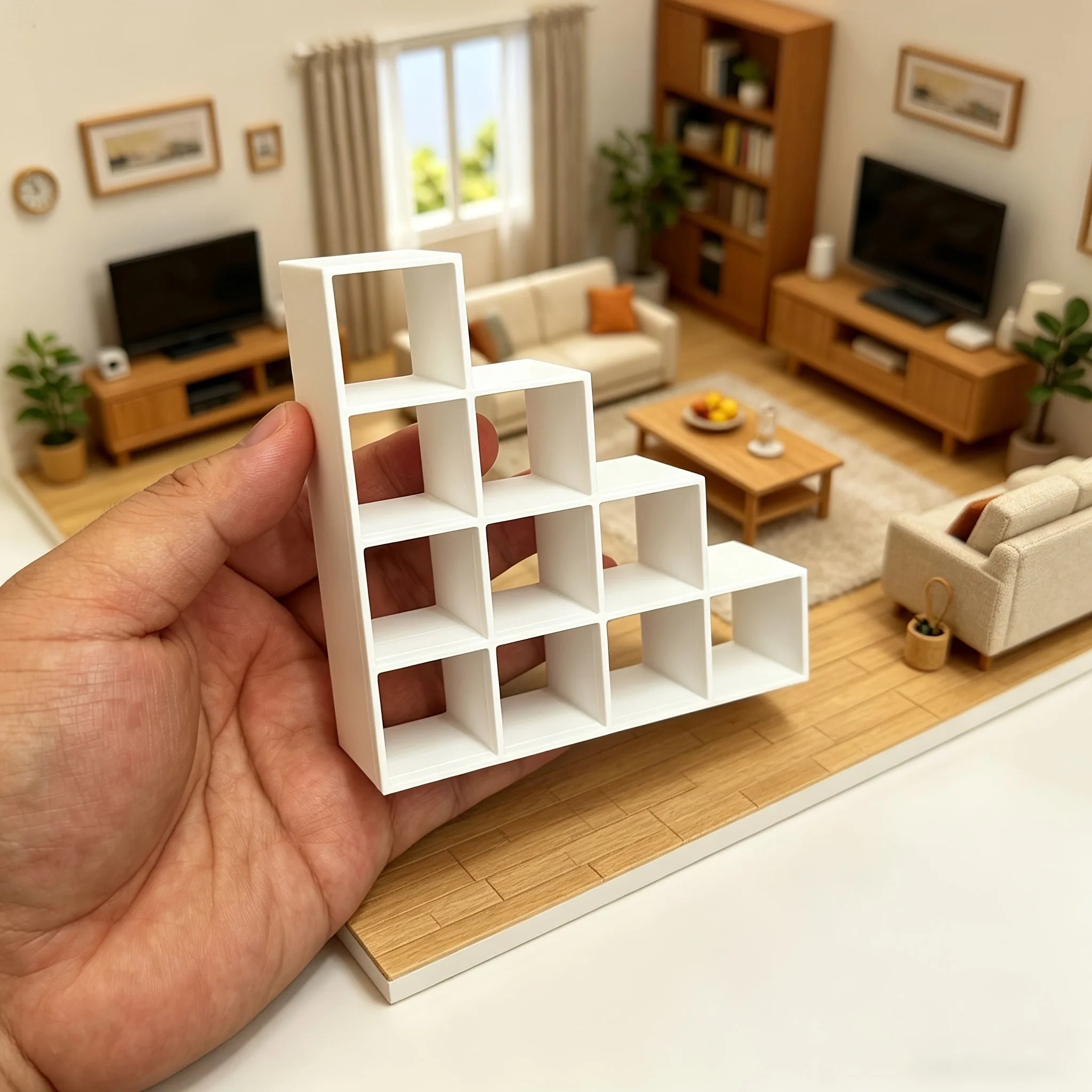 1:12 Scale Stair Step Miniature Display Shelf 3D Printed Grid Dollhouse Storage Rack Mini Organizer for Doll House Book Ornament Oasis Select