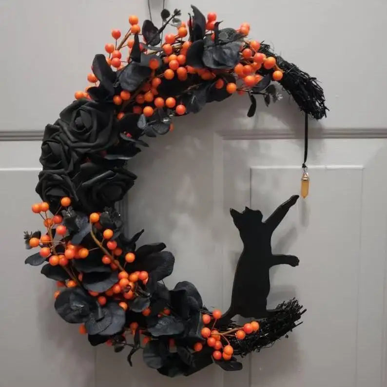 Halloween Gothic Rose Moon Cat Wreath Halloween Door Decoration Crystal Moon Wreath Oasis Select