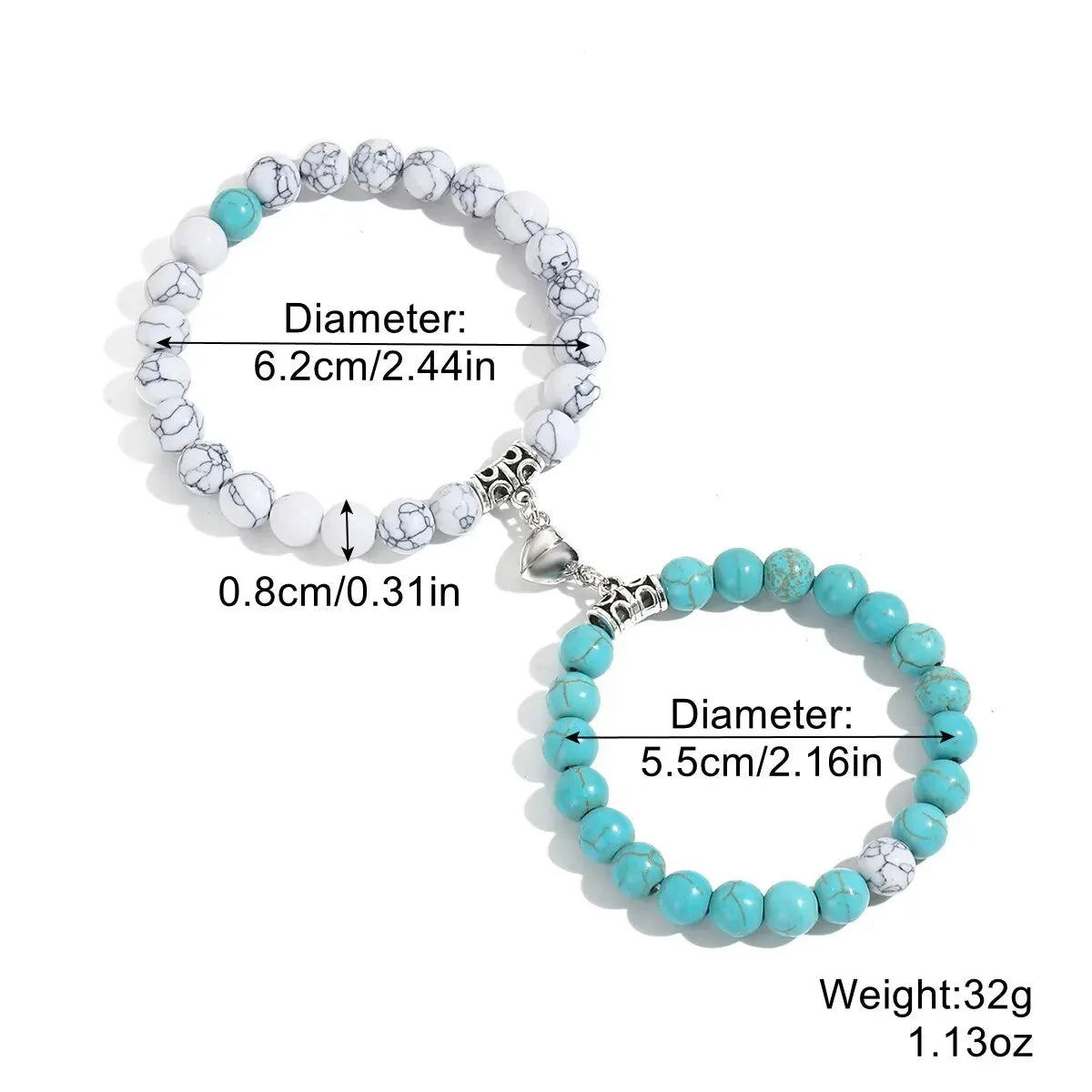 Natural Stone Bead Couple Bracelets Set – Heart Magnet, 2 Pcs