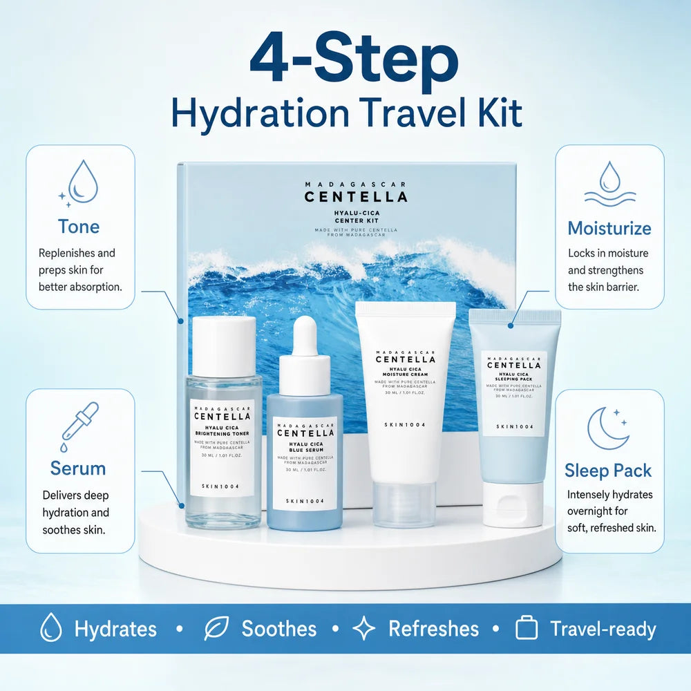Centella Hyalu-Cica and Poremizing Travel Kit,Toner, Ampoule Serum,Face Moisturizer Cream and Night Sleeping Pack Mini 4pcs Set Oasis Select
