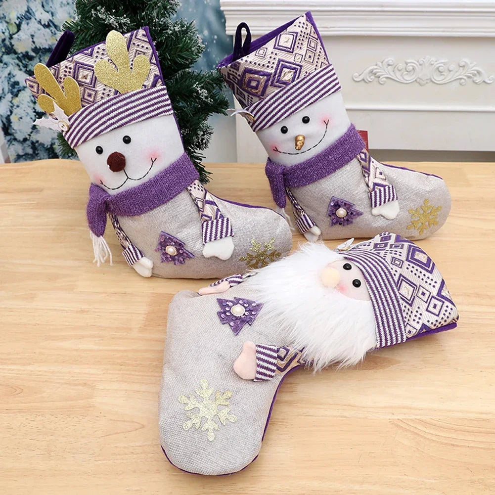 Christmas decorative purple socks with Santa Claus snowflake and antlers patterns large 45cm for holiday decoration Oasis Select