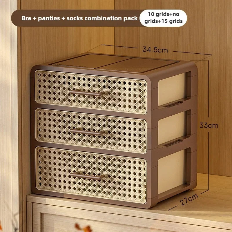 Home bedroom underwear storage box, home drawer style grid sorting wardrobe, antique style plastic rattan dust-proof storage box Oasis Select 3 layers A