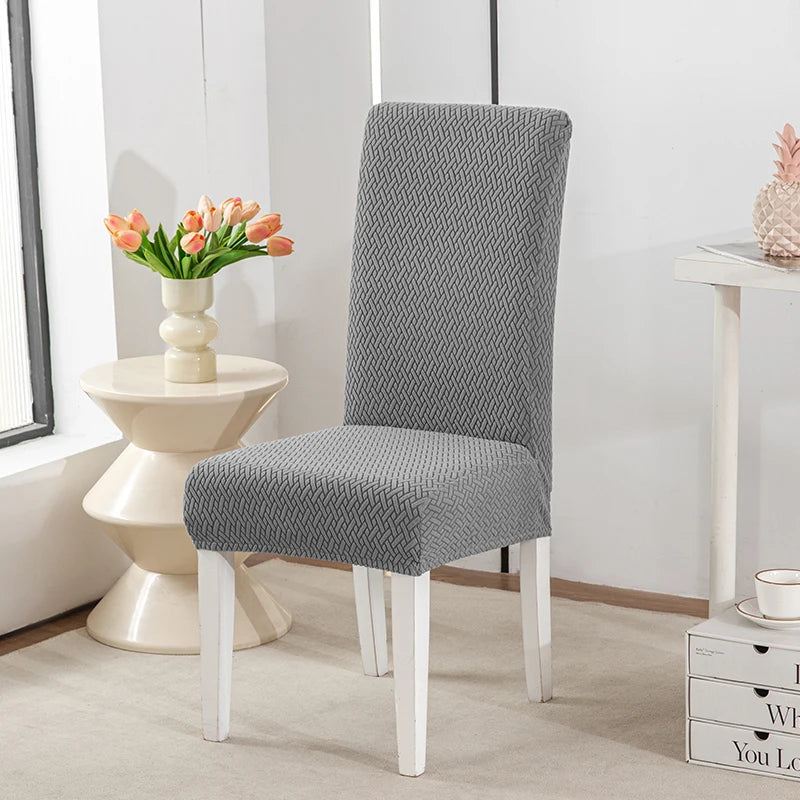 Long Checkered Jacquard Chair Cushion Cover, Elastic Dining Chair Slipcover, Solid Stretchable Seat Cover for Home Oasis Select gray