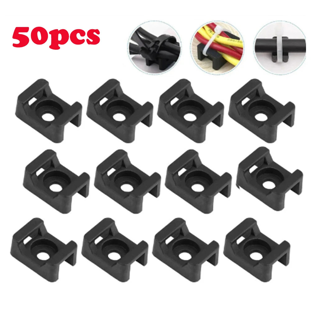 50pcs Cable Zip Ties Base Mount Screw Fixing Wire Holder Organizer Retardant Black 2Sizes Oasis Select