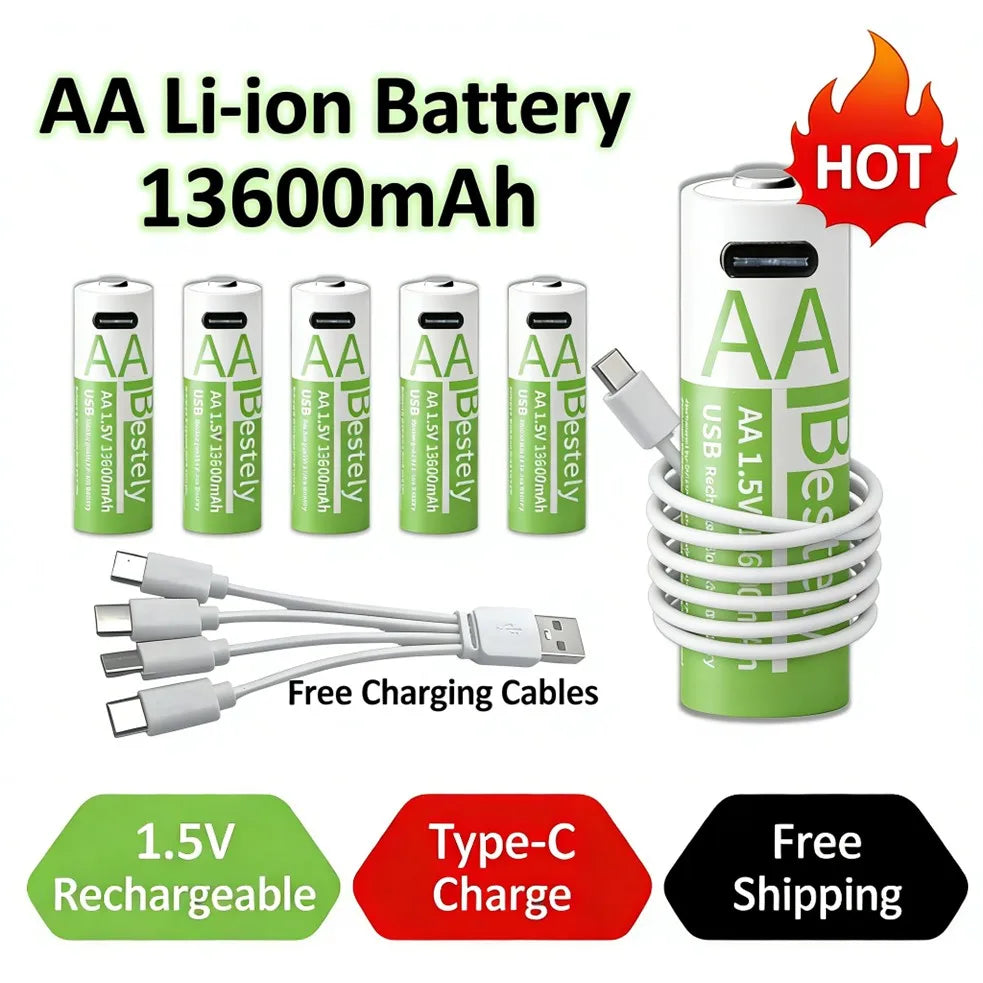 Rechargeable AA Battery13600mAh, 1.5V AA Li-ion Batteries with USB Type C Charging Cables, Long Life, Low Self-discharge Oasis Select