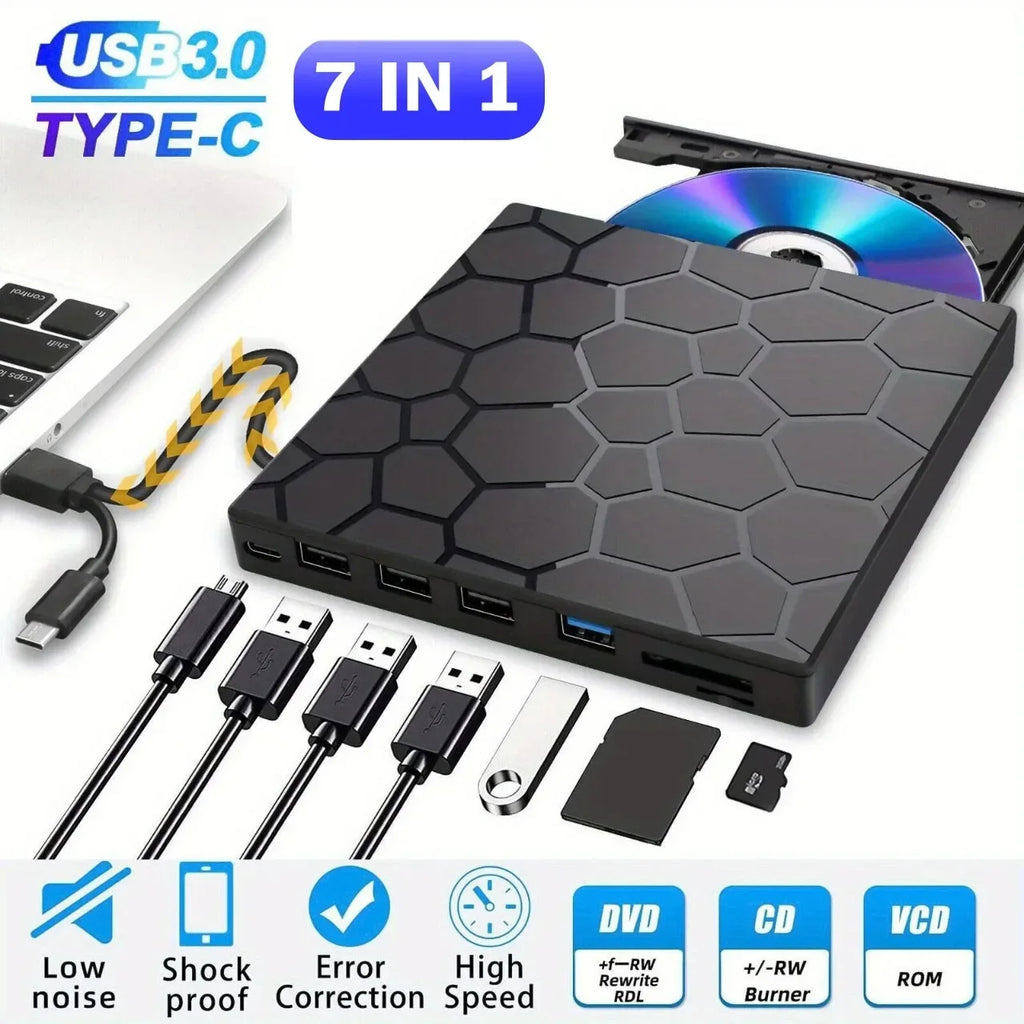7 in 1 External CD/DVD Drive USB 3.0 Type C Portable DVD Player CD Burner External Disk Drive for Desktop Mac Windows Linux Oasis Select Black