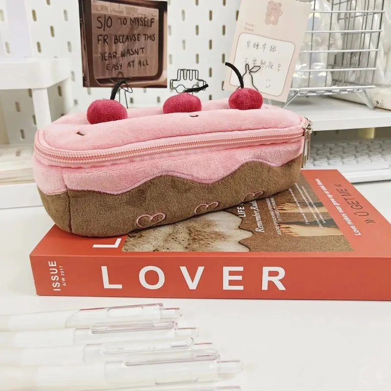 1Pcs Cute Pencil Bag Plush Cherry Cake Pencil Case Large Capacity Student Stationery Storage for Girls Kids Back to School Gift Oasis Select