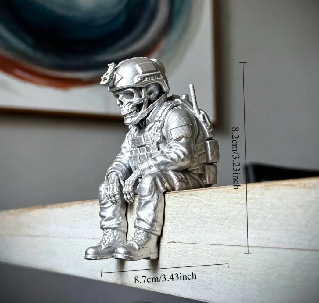 Sitting Tactical Skull Soldier Cool Ornament Home Office Military Skull Soldier Figurine Whimsical Seated Warrior Ornament Decor Oasis Select Soldier silver