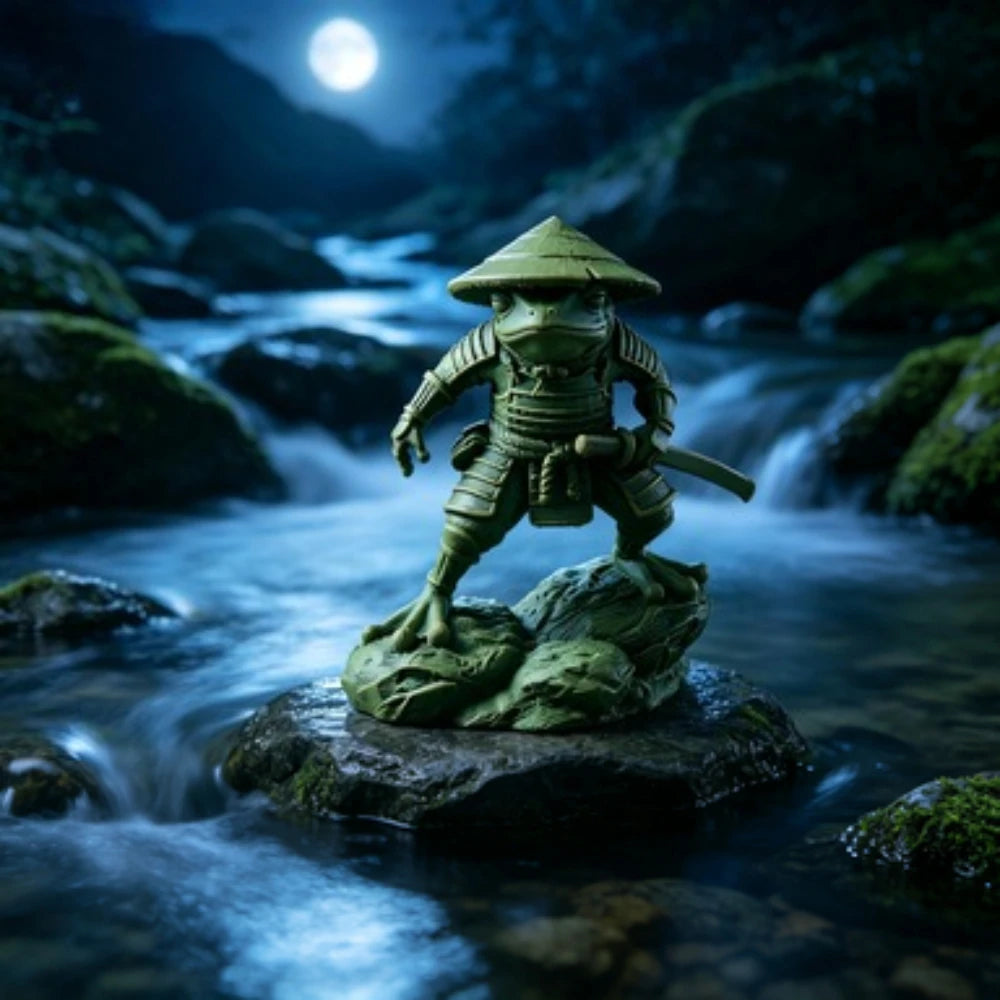 3D Samurai Frog Statue with Retro Bamboo Hat Armor Japanese Warrior Frog Desktop Figurine Study Tea Table Entryway Decorative Oasis Select