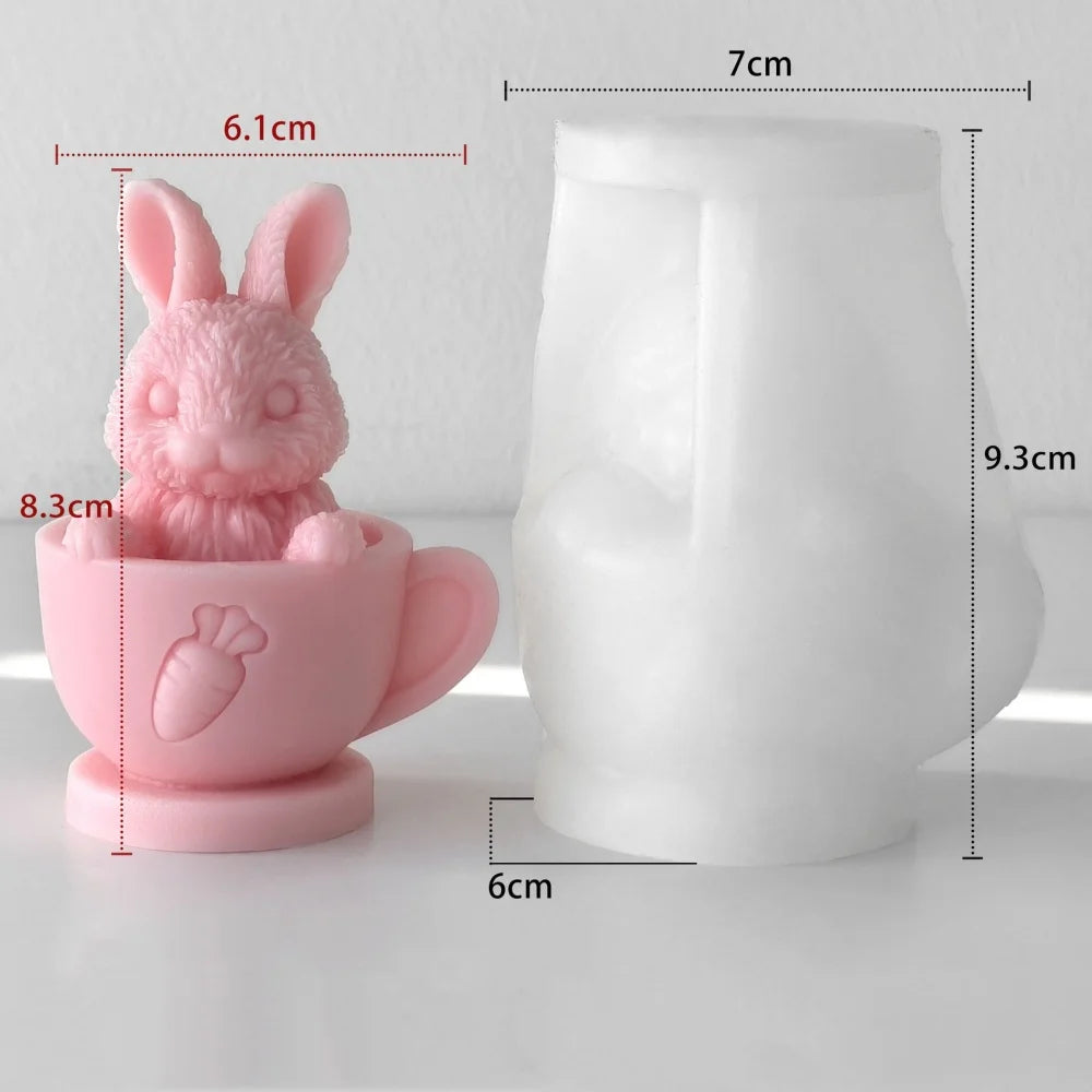 3D Tea Cup Rabbit Candle Silicone Mold DIY Bunny Plaster Mould Soap Resin Crafts Mold Ornament Easter Decoration Home Gift Oasis Select White